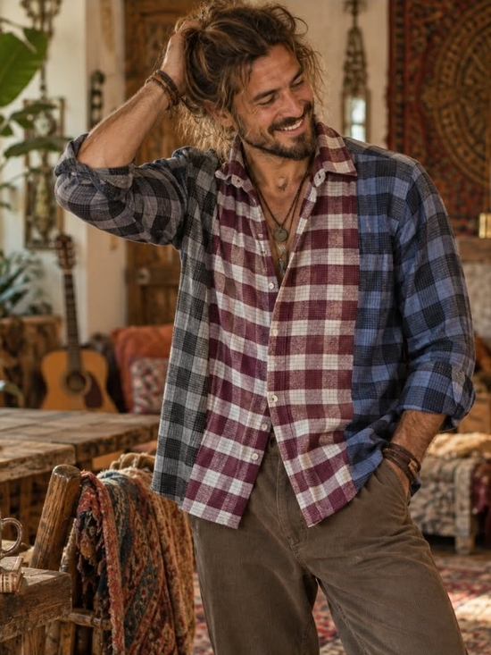 Boohoo Mens Other - BoohooMAN L Patchwork Plaid Shirt Grunge Streetwear Boho Blokecore Graphic Butto